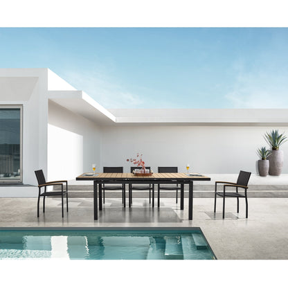 Set da pranzo da esterno Carlo in plastica effetto legno, 9 pezzi, per 8 persone, tavolo allungabile e sedia impilabile