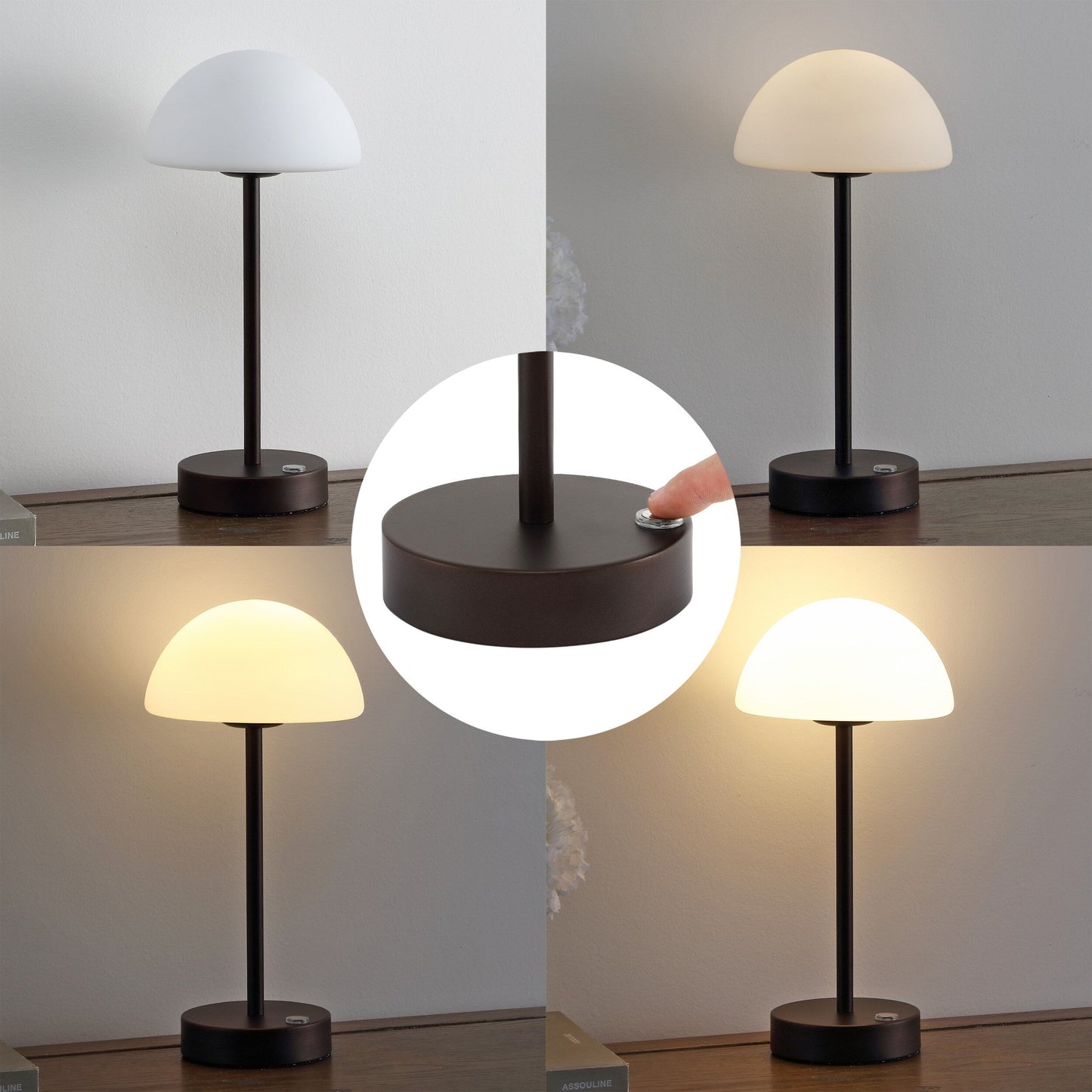 Lampada da tavolo moderna minimalista Carson 12.5 in ferro con LED integrato ricaricabile senza fili, nichel/bianco di JONATHAN Y