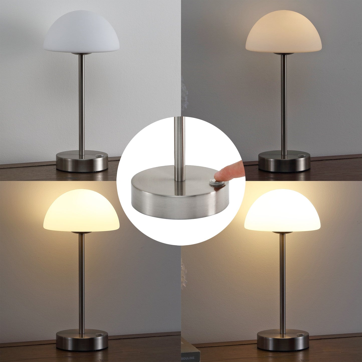 Lampada da tavolo moderna minimalista Carson 12.5 in ferro con LED integrato ricaricabile senza fili, nichel/bianco di JONATHAN Y