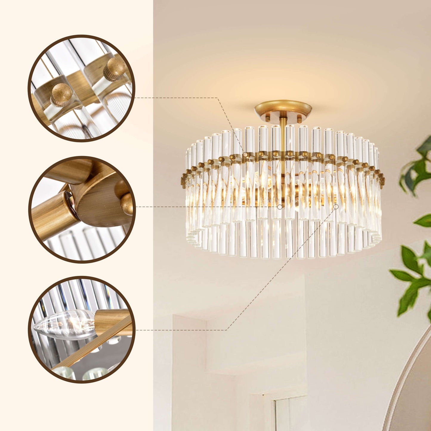 Casandra Lampada da soffitto a 4 luci in ottone spazzolato e cristallo