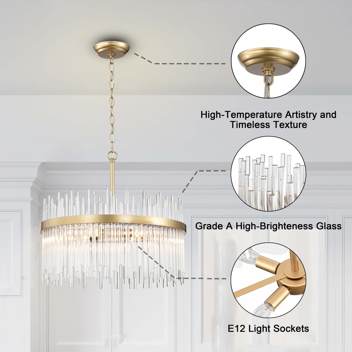 Lampadario Casandra a 5 luci in bronzo lucido con barre in vetro trasparente - Bronzo lucido