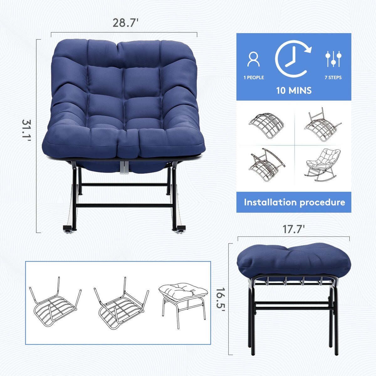 Set di sedie e poggiapiedi con struttura in metallo e cuscini staccabili: comfort e durata all'aperto