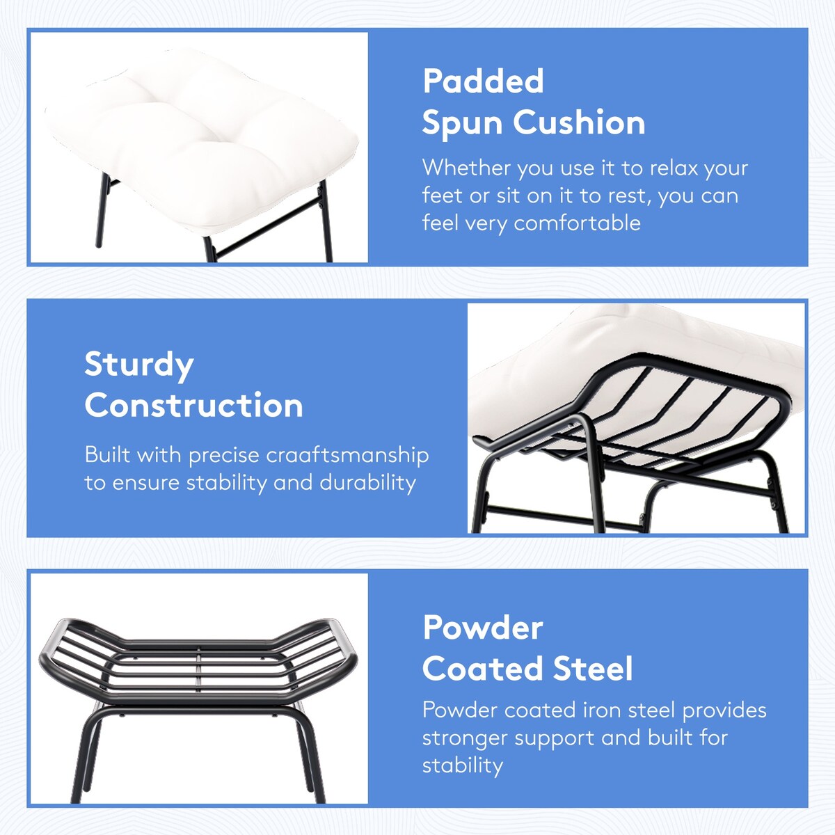 Set di sedie e poggiapiedi con struttura in metallo e cuscini staccabili: comfort e durata all'aperto