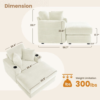 Divano in velluto a coste stile chaise longue con portabicchieri e 3 cuscini per lo schienale - Design reclinabile