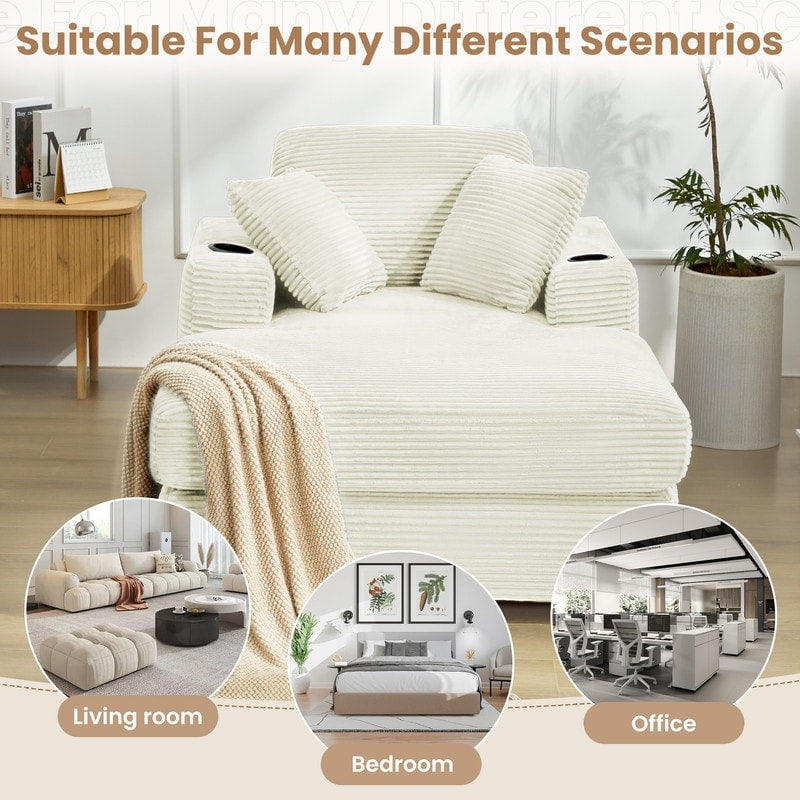 Divano in velluto a coste stile chaise longue con portabicchieri e 3 cuscini per lo schienale - Design reclinabile