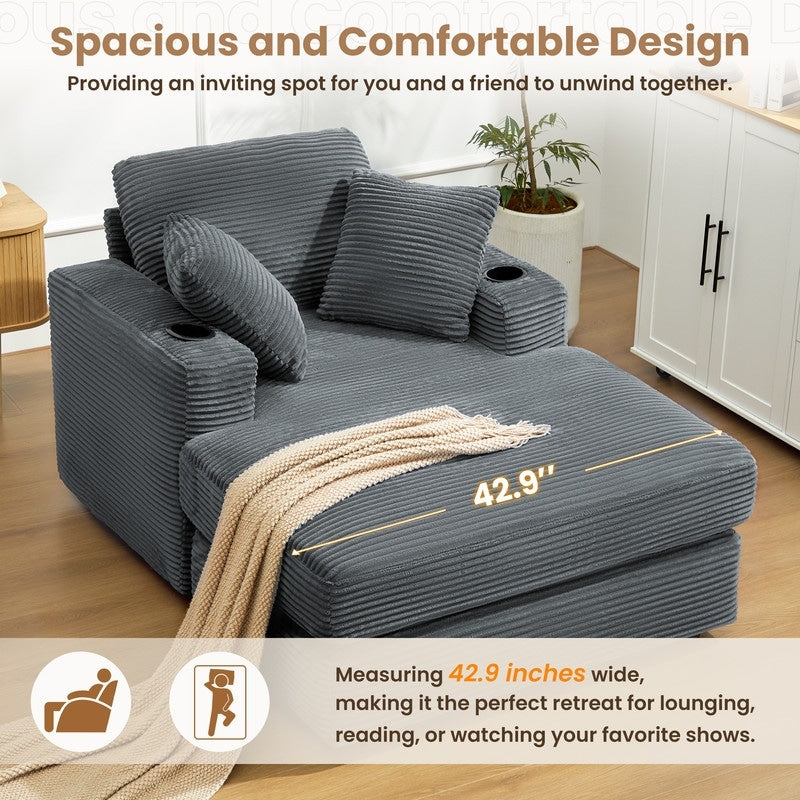 Divano in velluto a coste stile chaise longue con portabicchieri e 3 cuscini per lo schienale - Design reclinabile