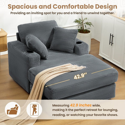 Divano in velluto a coste stile chaise longue con portabicchieri e 3 cuscini per lo schienale - Design reclinabile