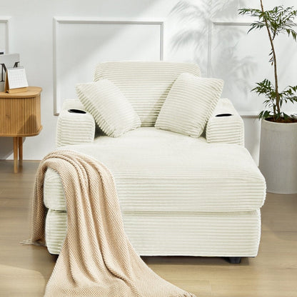 Divano in velluto a coste stile chaise longue con portabicchieri e 3 cuscini per lo schienale - Design reclinabile