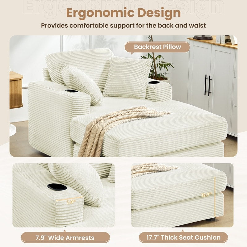 Divano in velluto a coste stile chaise longue con portabicchieri e 3 cuscini per lo schienale - Design reclinabile