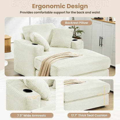 Divano in velluto a coste stile chaise longue con portabicchieri e 3 cuscini per lo schienale - Design reclinabile