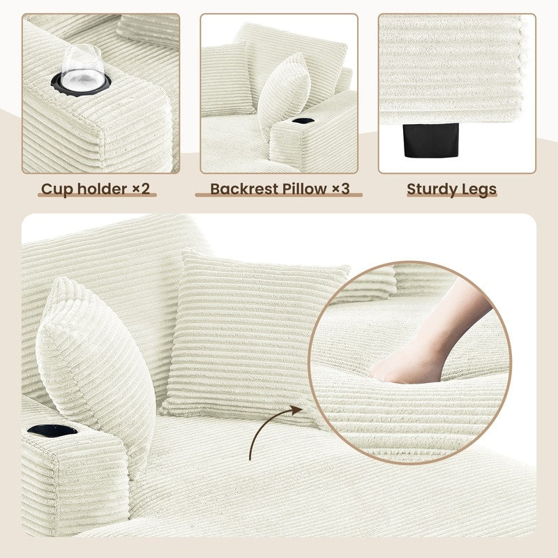 Divano in velluto a coste stile chaise longue con portabicchieri e 3 cuscini per lo schienale - Design reclinabile