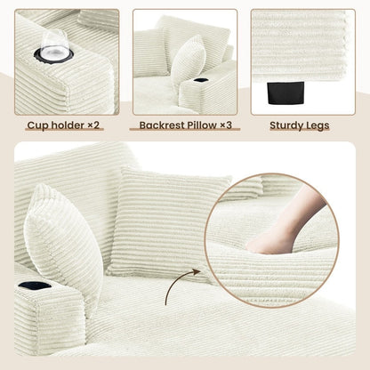 Divano in velluto a coste stile chaise longue con portabicchieri e 3 cuscini per lo schienale - Design reclinabile