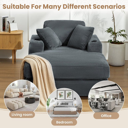 Divano in velluto a coste stile chaise longue con portabicchieri e 3 cuscini per lo schienale - Design reclinabile