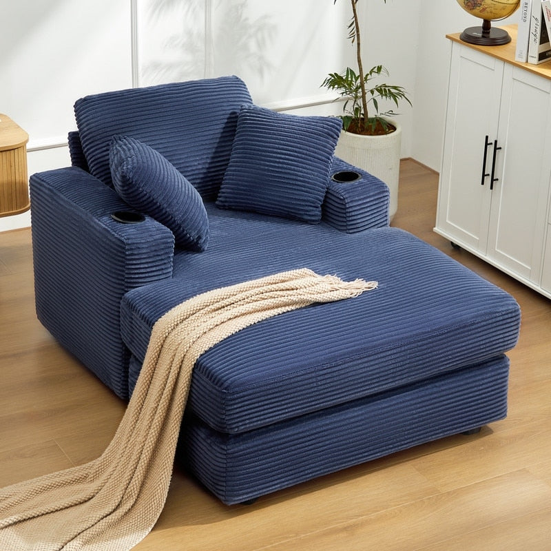 Divano in velluto a coste stile chaise longue con portabicchieri e 3 cuscini per lo schienale - Design reclinabile