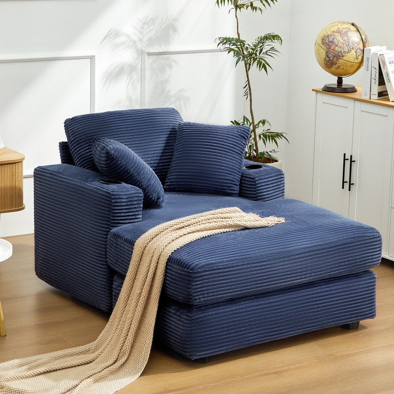 Divano in velluto a coste stile chaise longue con portabicchieri e 3 cuscini per lo schienale - Design reclinabile