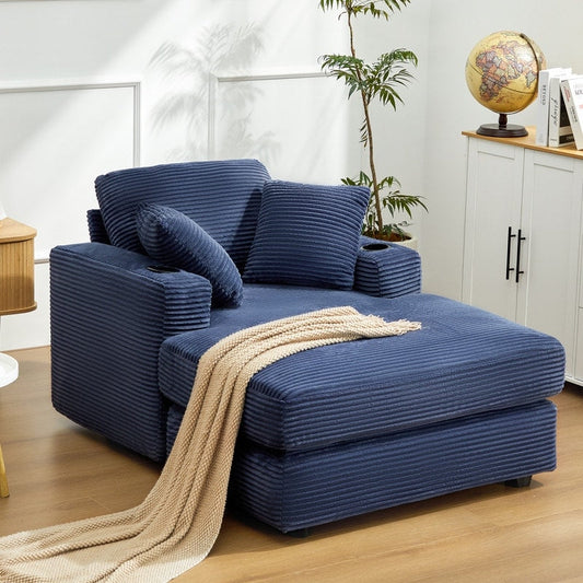 Divano in velluto a coste stile chaise longue con portabicchieri e 3 cuscini per lo schienale - Design reclinabile