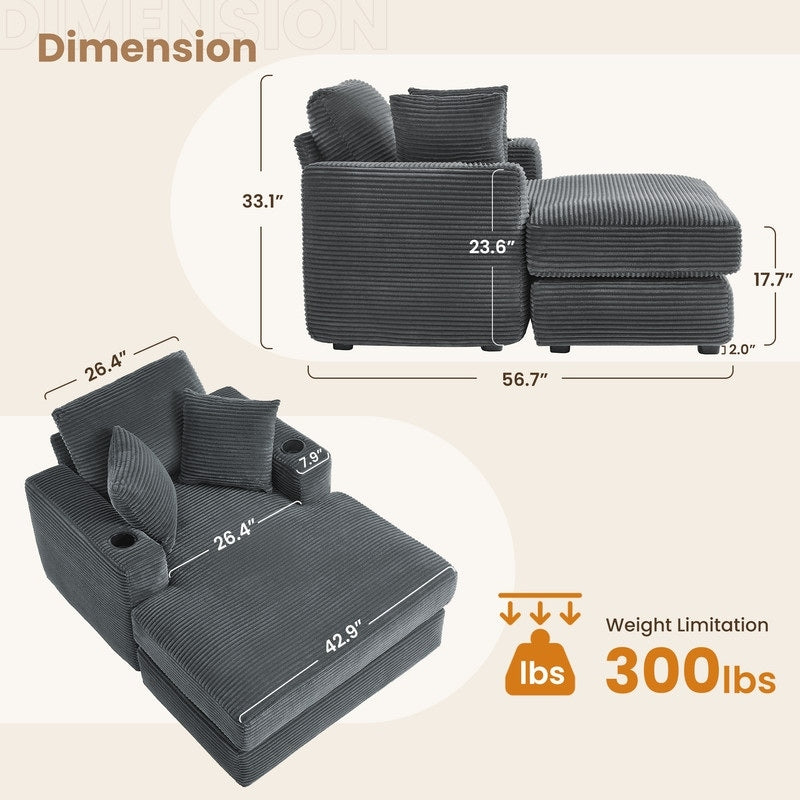 Divano in velluto a coste stile chaise longue con portabicchieri e 3 cuscini per lo schienale - Design reclinabile