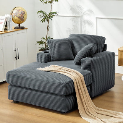 Divano in velluto a coste stile chaise longue con portabicchieri e 3 cuscini per lo schienale - Design reclinabile