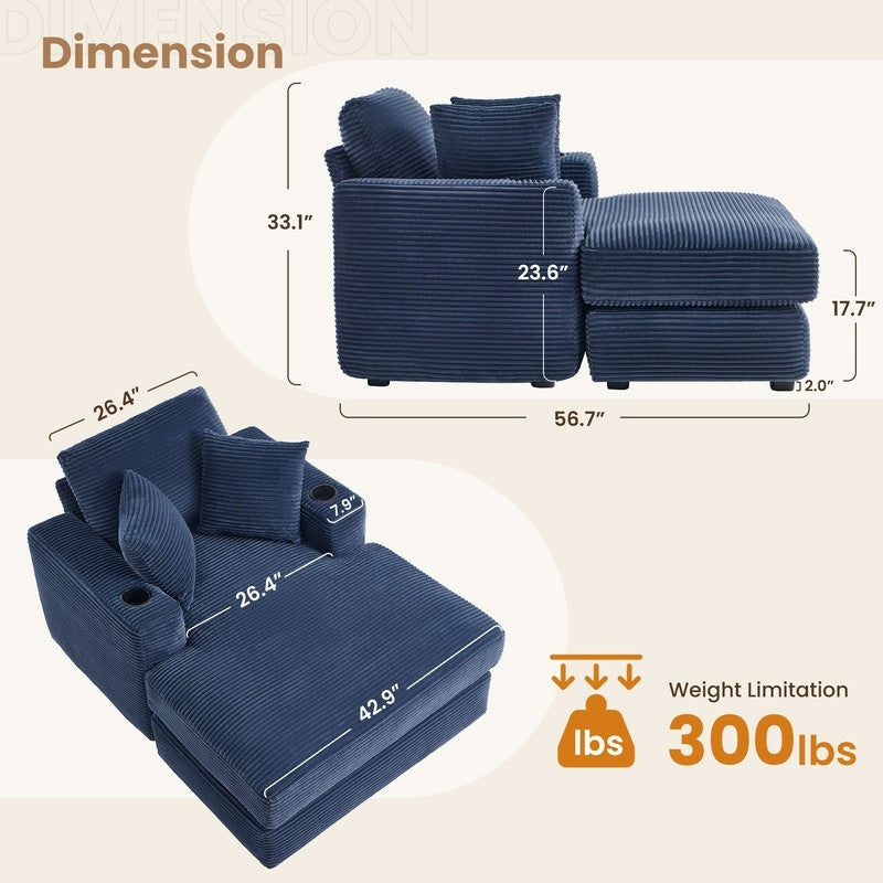 Divano in velluto a coste stile chaise longue con portabicchieri e 3 cuscini per lo schienale - Design reclinabile