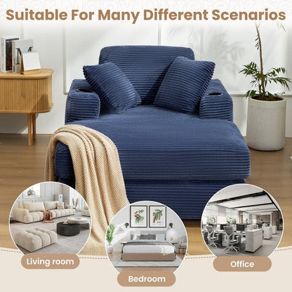 Divano in velluto a coste stile chaise longue con portabicchieri e 3 cuscini per lo schienale - Design reclinabile