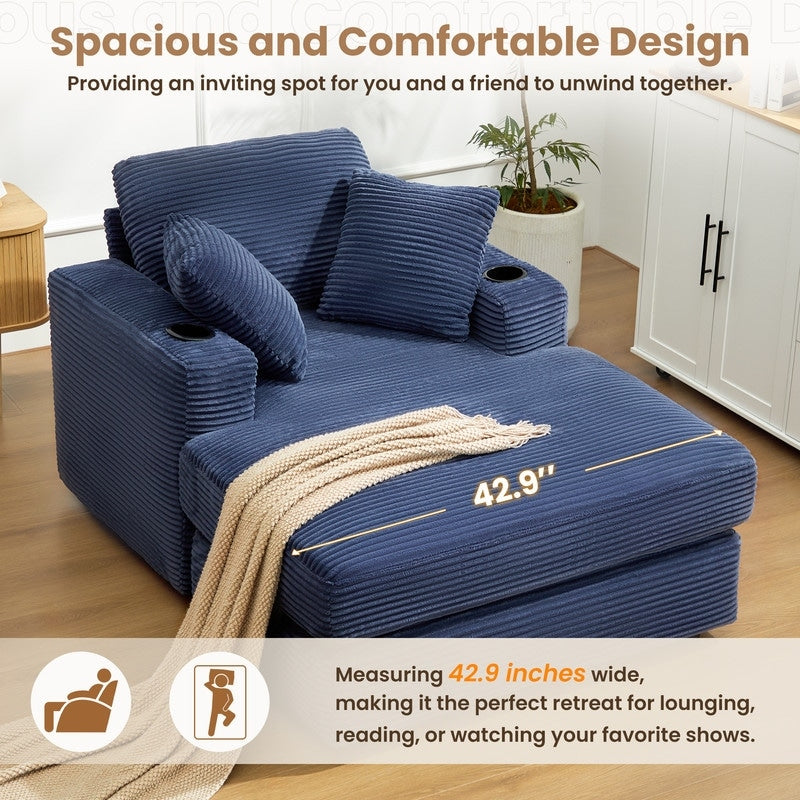 Divano in velluto a coste stile chaise longue con portabicchieri e 3 cuscini per lo schienale - Design reclinabile