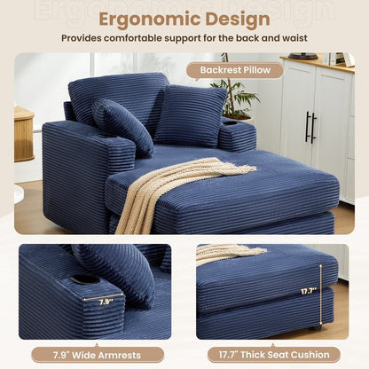 Divano in velluto a coste stile chaise longue con portabicchieri e 3 cuscini per lo schienale - Design reclinabile