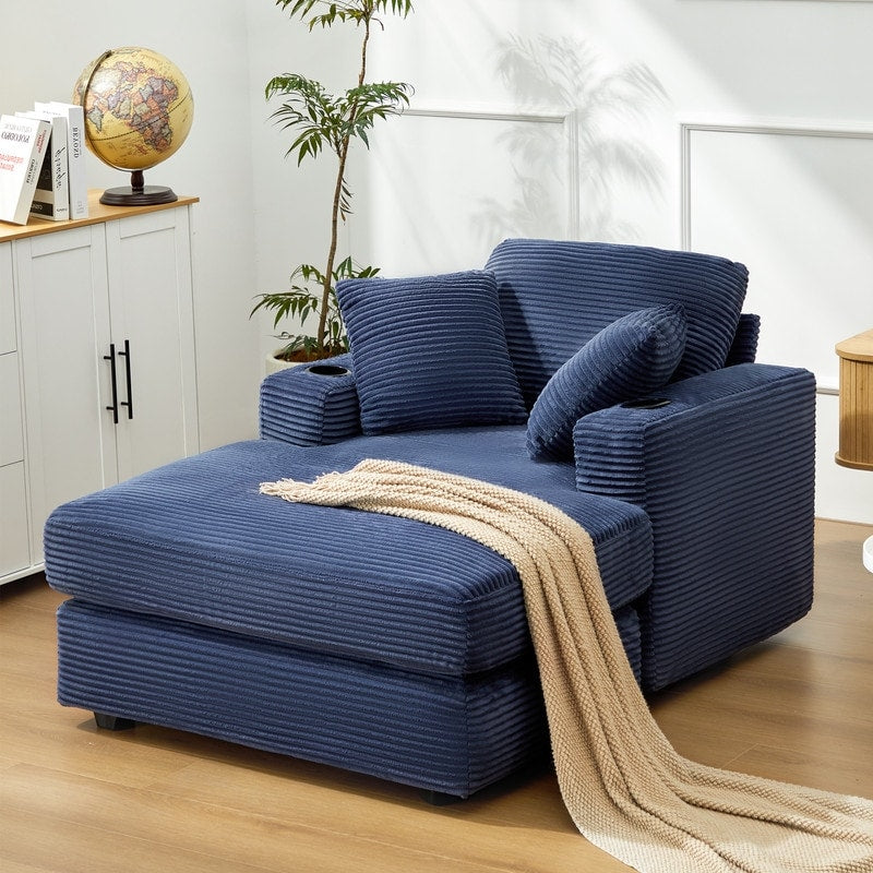 Divano in velluto a coste stile chaise longue con portabicchieri e 3 cuscini per lo schienale - Design reclinabile