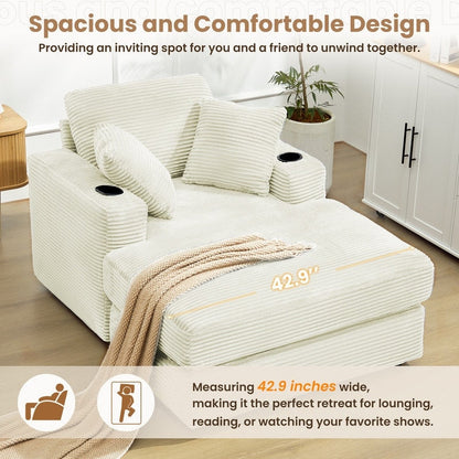 Divano in velluto a coste stile chaise longue con portabicchieri e 3 cuscini per lo schienale - Design reclinabile