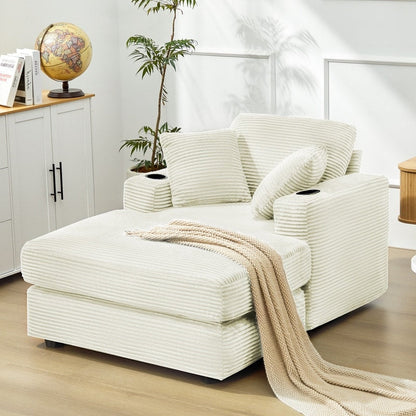 Divano in velluto a coste stile chaise longue con portabicchieri e 3 cuscini per lo schienale - Design reclinabile