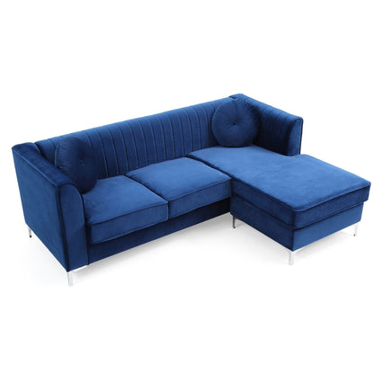 Divano componibile a L in velluto trapuntato con cuscini decorativi - 87 - Blu