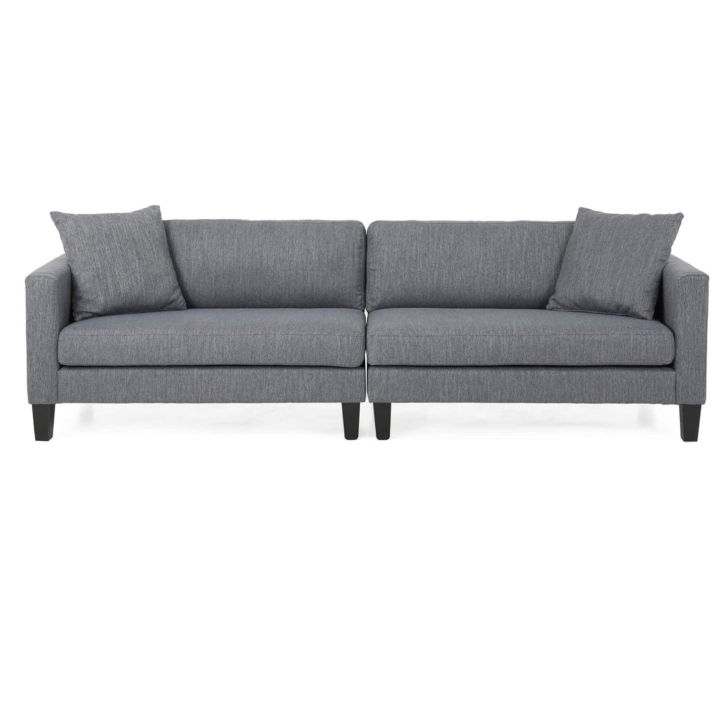 Divano a 3 posti color antracite con gambe in legno e due cuscini