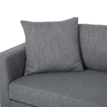 Divano a 3 posti color antracite con gambe in legno e due cuscini