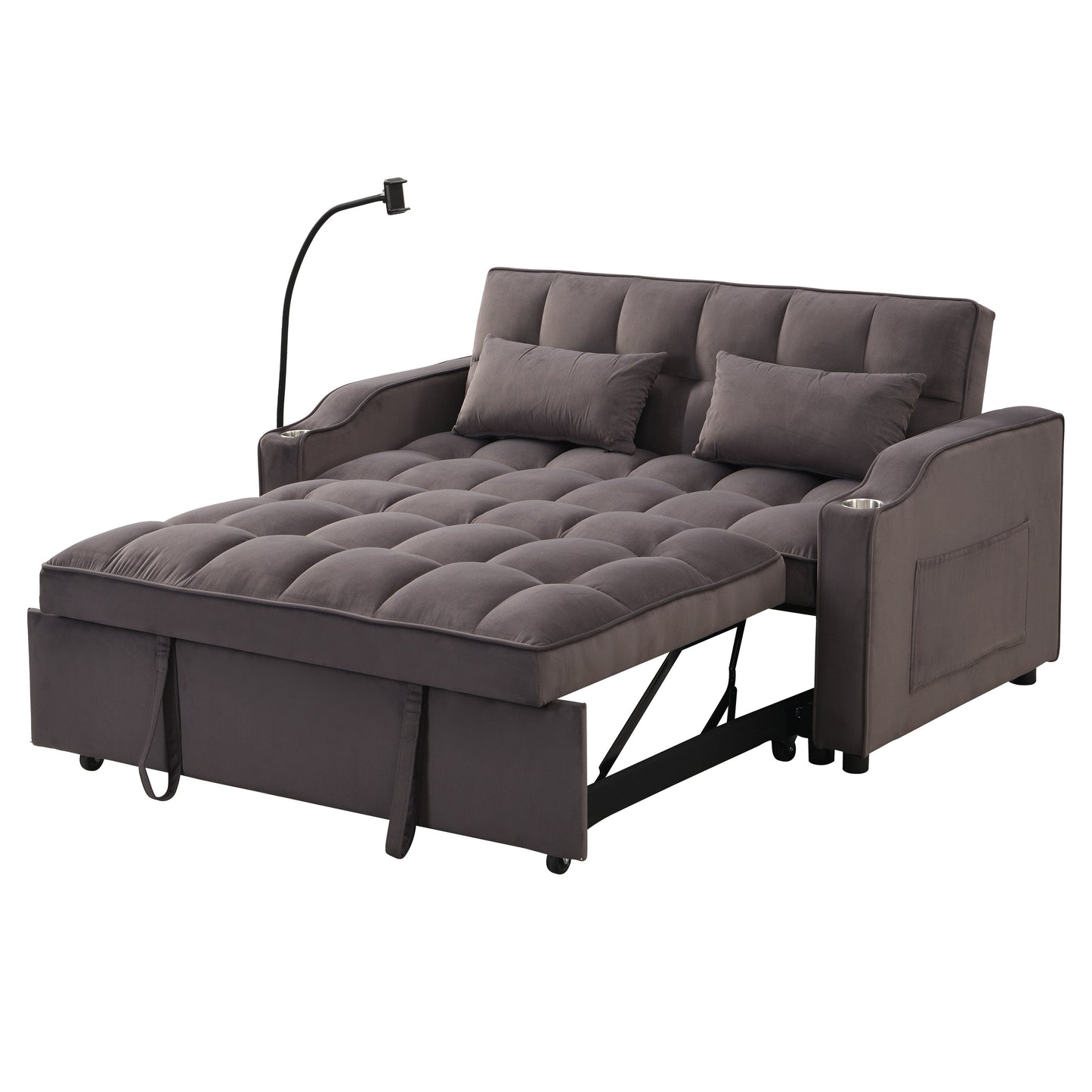Divano letto futon 3 in 1 convertibile in velluto grigio antracite moderno con schienale reclinabile regolabile e cuscini decorativi