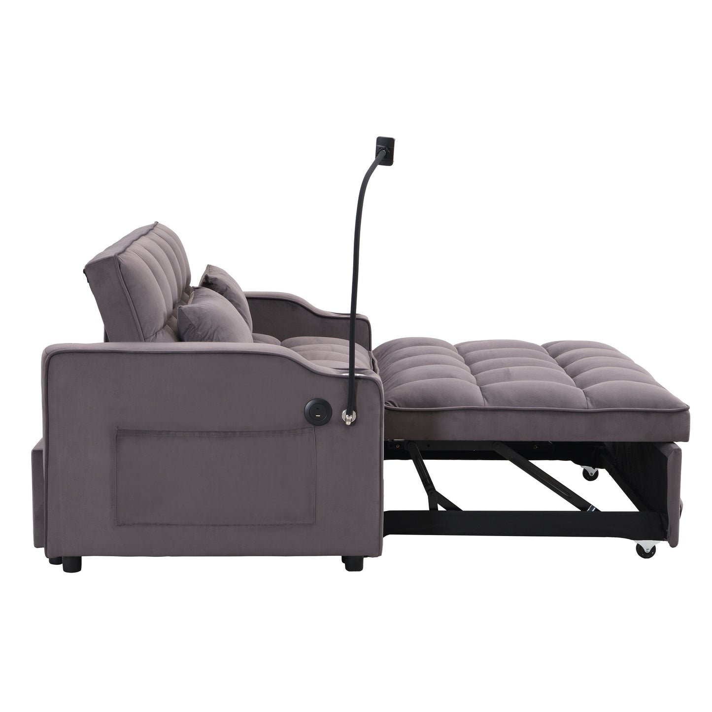 Divano letto futon 3 in 1 convertibile in velluto grigio antracite moderno con schienale reclinabile regolabile e cuscini decorativi