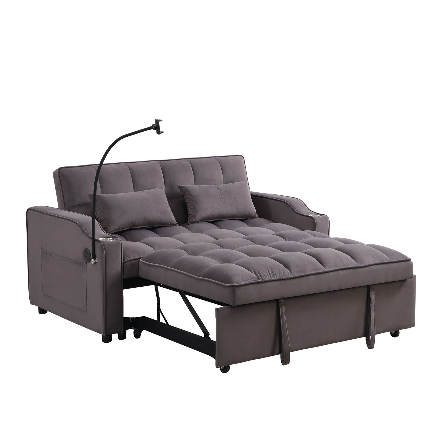 Divano letto futon 3 in 1 convertibile in velluto grigio antracite moderno con schienale reclinabile regolabile e cuscini decorativi