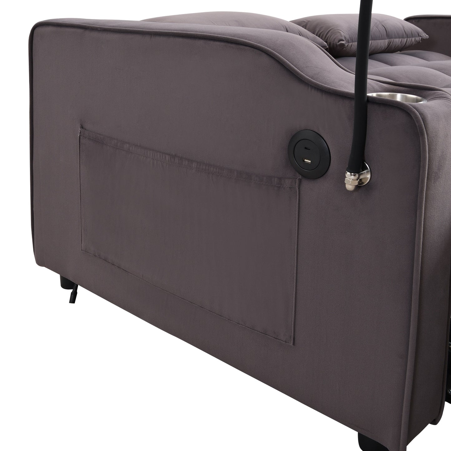 Divano letto in velluto grigio antracite con letto estraibile, schienale regolabile, convertibile, ricarica USB, facile da montare.