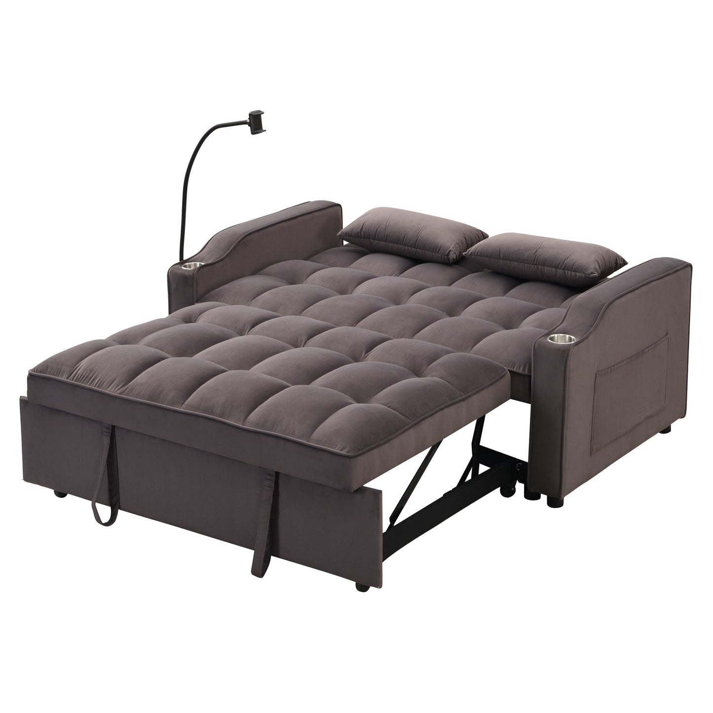 Divano letto in velluto grigio antracite con letto estraibile, schienale regolabile, convertibile, ricarica USB, facile da montare.