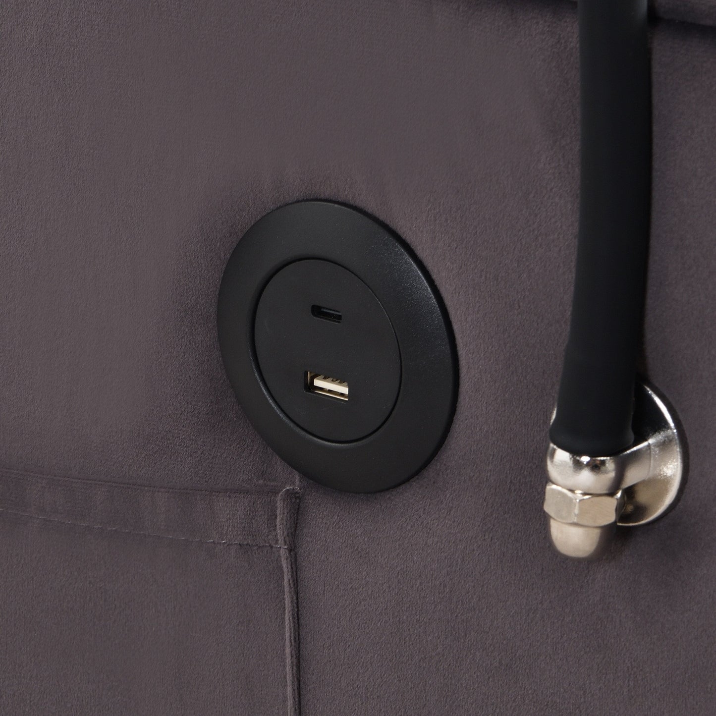 Divano letto in velluto grigio antracite con letto estraibile, schienale regolabile, convertibile, ricarica USB, facile da montare.