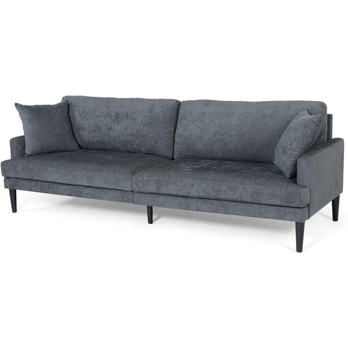 Divano imbottito moderno a 3 posti Charcoal 96.25 con gambe in legno e cuscini decorativi per soggiorno