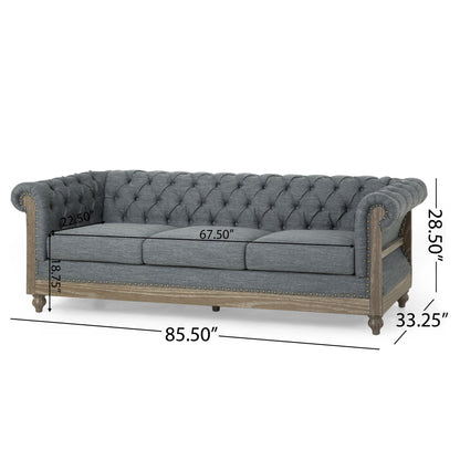 Divano Chesterfield 85.5 in stile retrò color antracite, con bottoni, trapuntato, a 3 posti e gambe in legno, per soggiorno