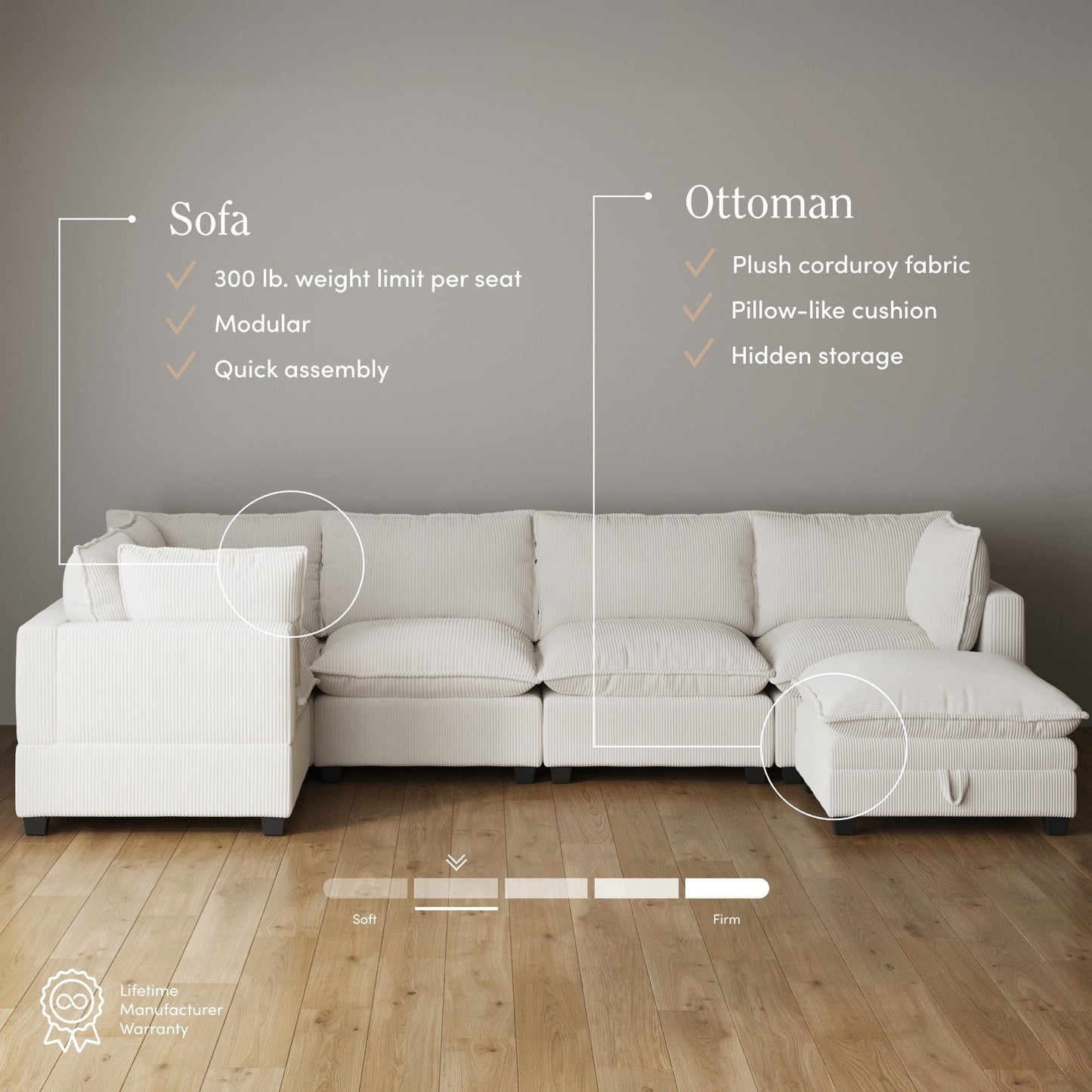 Divano imbottito modulare Chelsea Modern Cloud con seduta profonda e cuscini morbidi