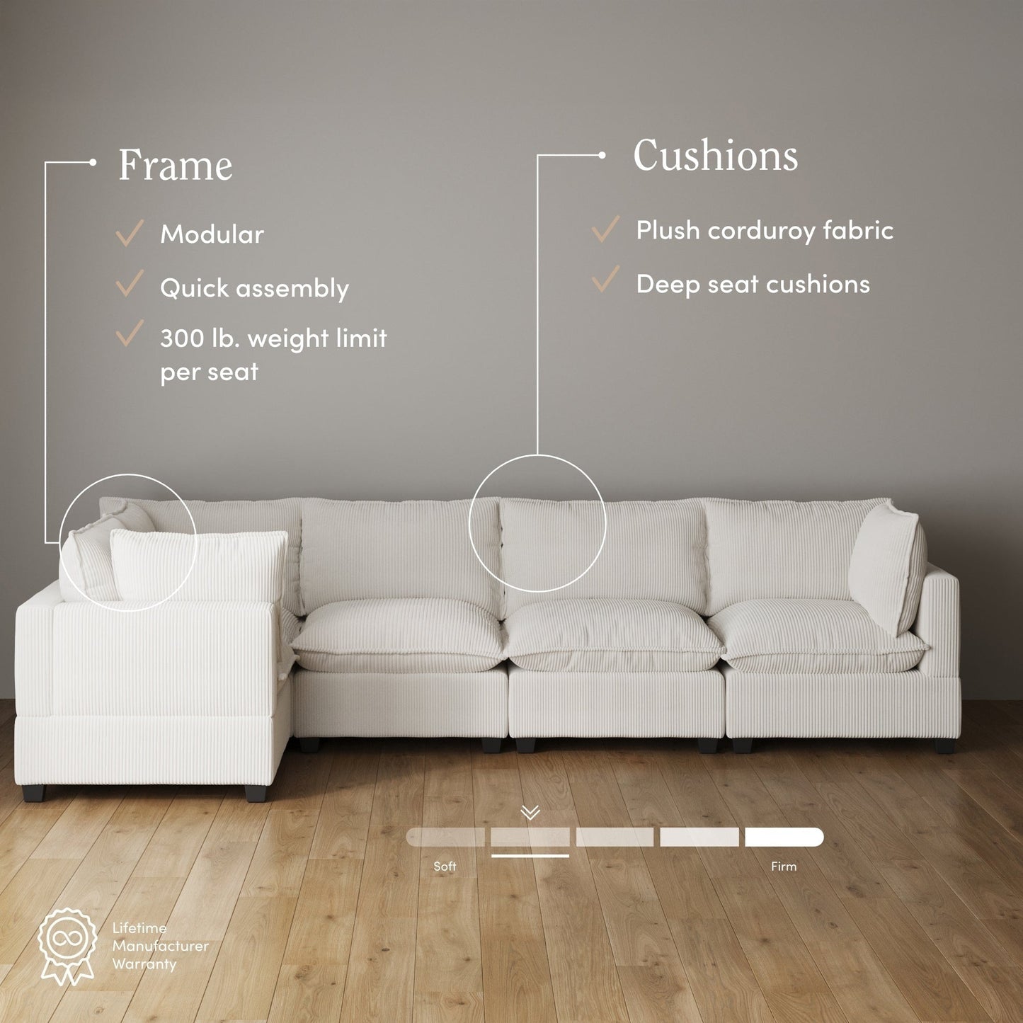 Divano imbottito modulare Chelsea Modern Cloud con seduta profonda e cuscini morbidi