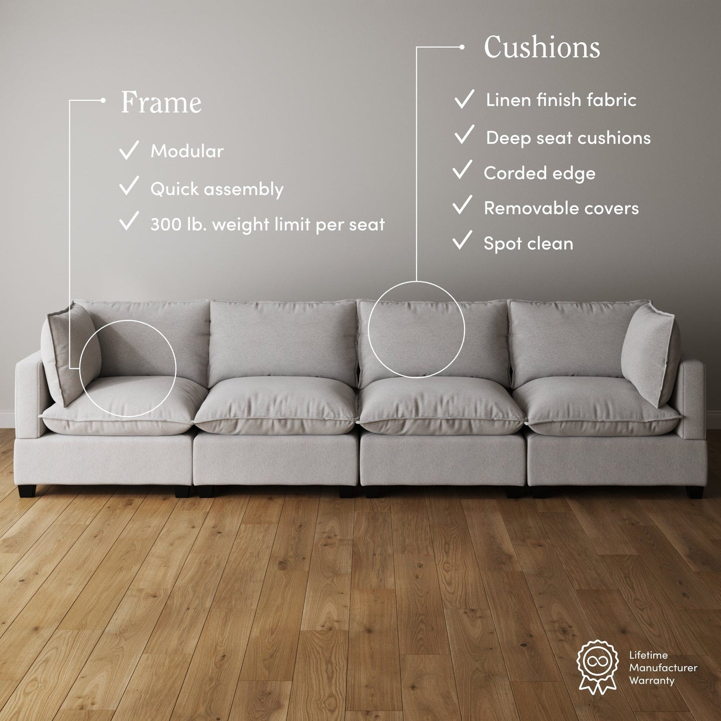 Divano imbottito modulare Chelsea Modern Cloud con seduta profonda e cuscini morbidi