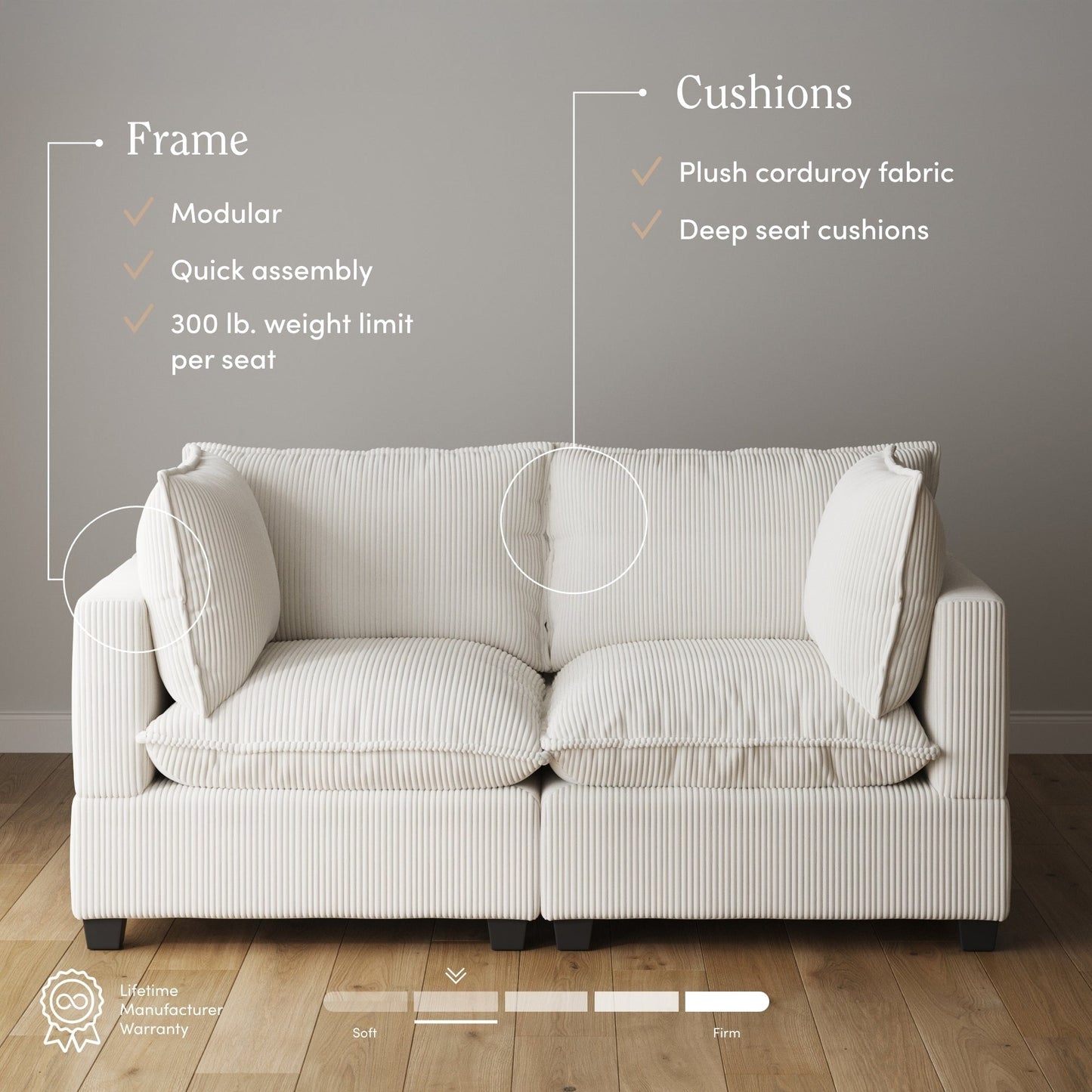 Divano imbottito modulare Chelsea Modern Cloud con seduta profonda e cuscini morbidi