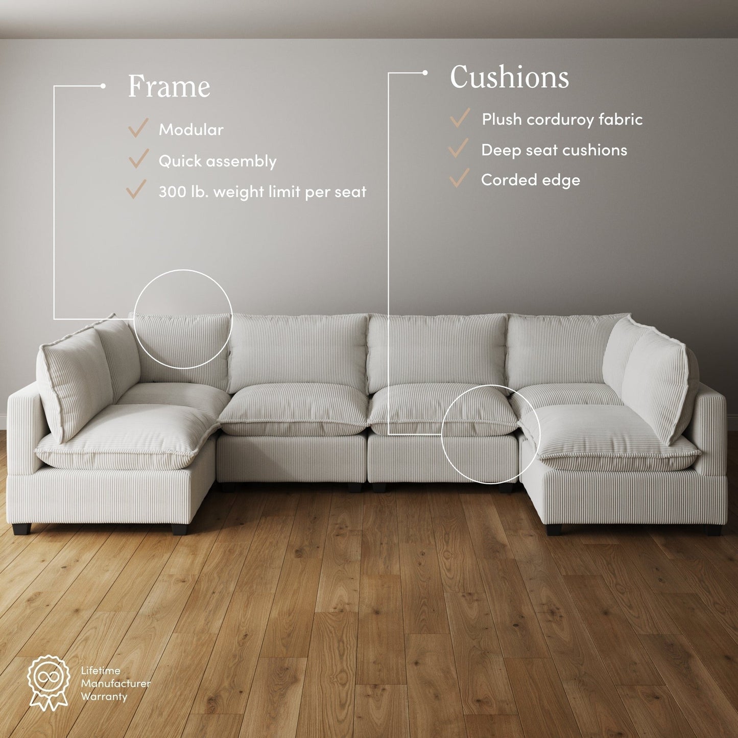 Divano imbottito modulare Chelsea Modern Cloud con seduta profonda e cuscini morbidi