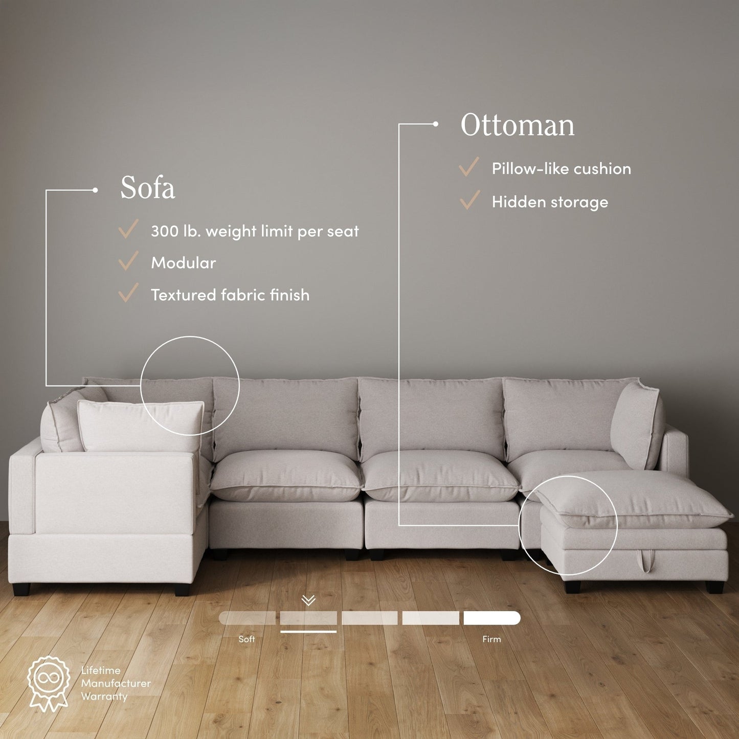 Divano imbottito modulare Chelsea Modern Cloud con seduta profonda e cuscini morbidi