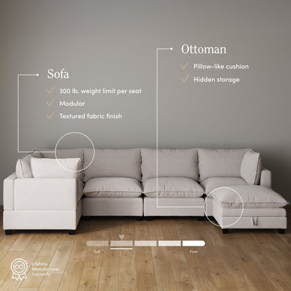 Divano imbottito modulare Chelsea Modern Cloud con seduta profonda e cuscini morbidi