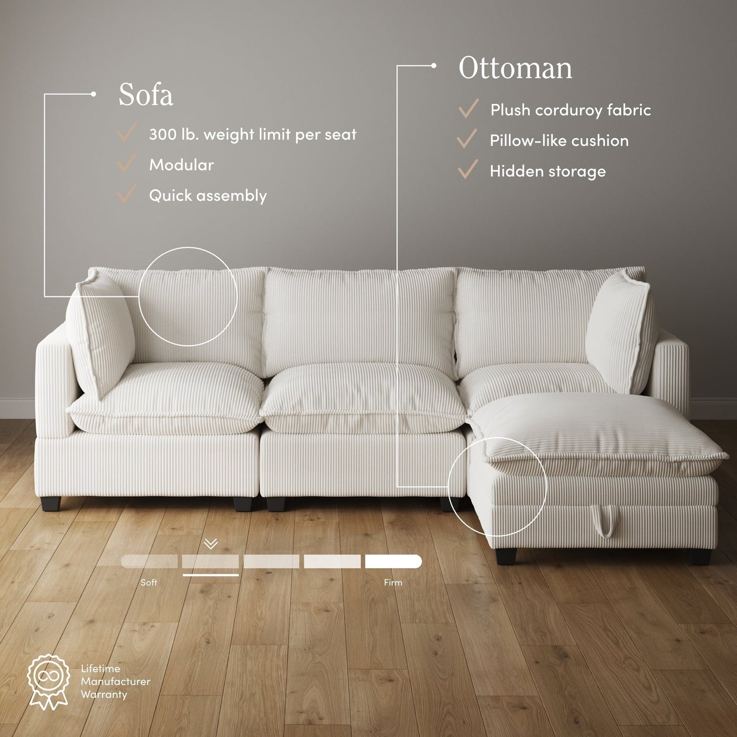 Divano imbottito modulare Chelsea Modern Cloud con seduta profonda e cuscini morbidi