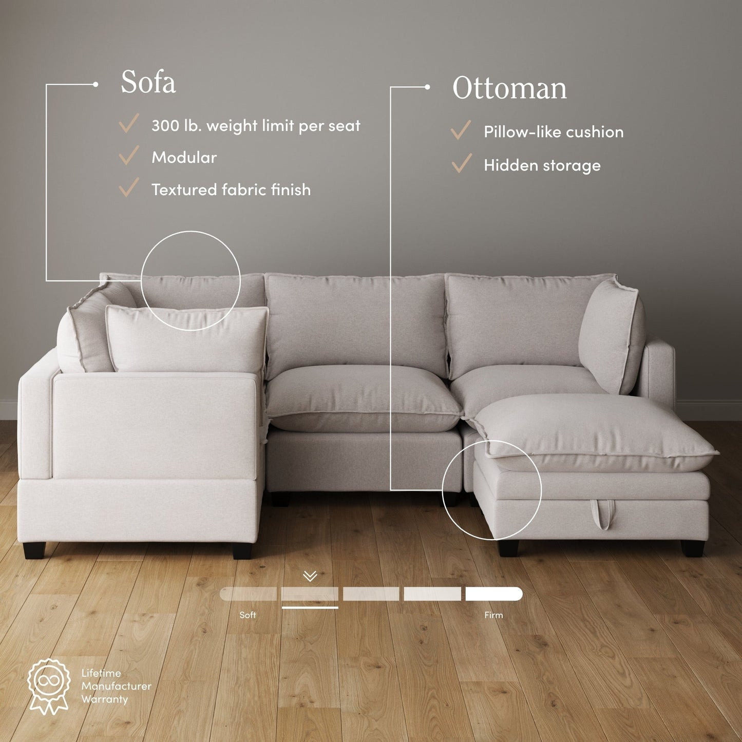 Divano imbottito modulare Chelsea Modern Cloud con seduta profonda e cuscini morbidi