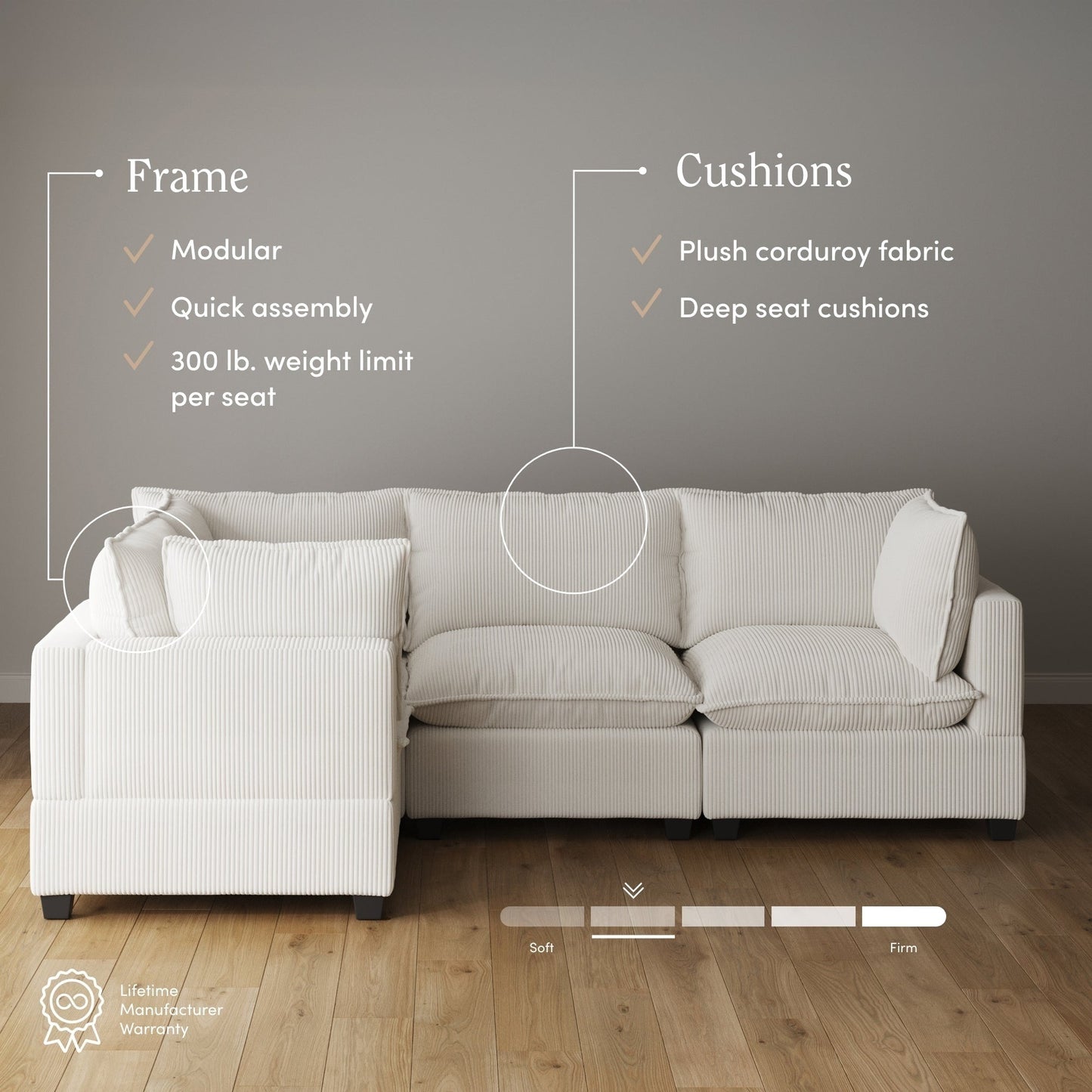 Divano imbottito modulare Chelsea Modern Cloud con seduta profonda e cuscini morbidi